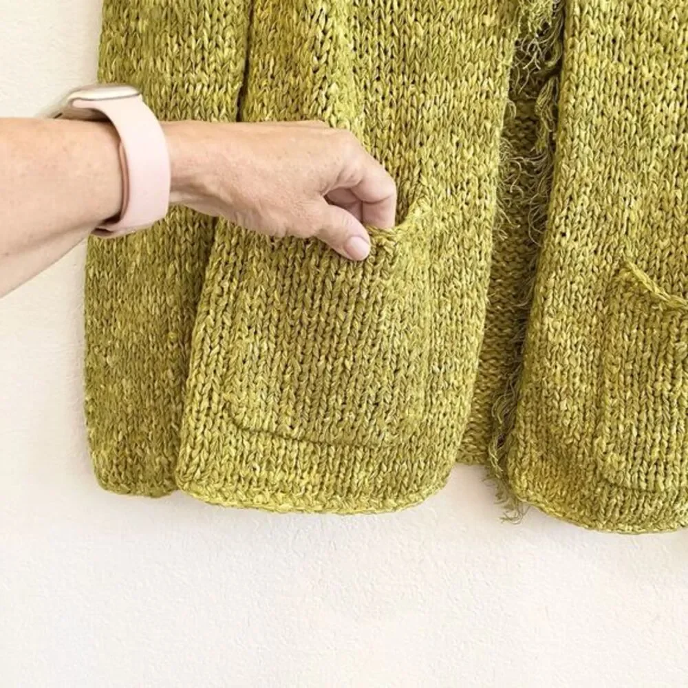 Chicos Womens Sweater 2 Large Green Open Front Chunky‎ Knit One Button Cardigan